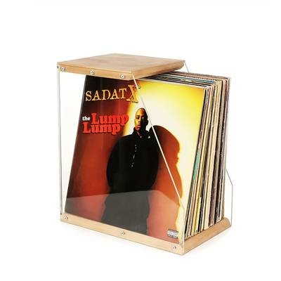 FARIDABIO Acrylic Record Shelf with Sleek Wooden Base  Modern Display Shelf for Vinyl Records, Books, and Tapes