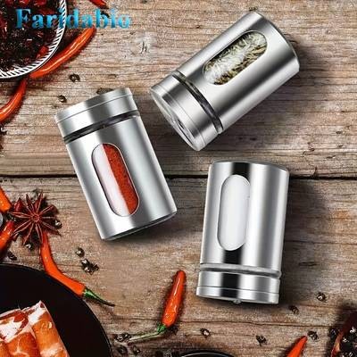 Faridabio 12pcs Stainless Steel Seasoning Jars with Glass Lids  Durable Spice & Salt Shakers for BBQ and Cooking