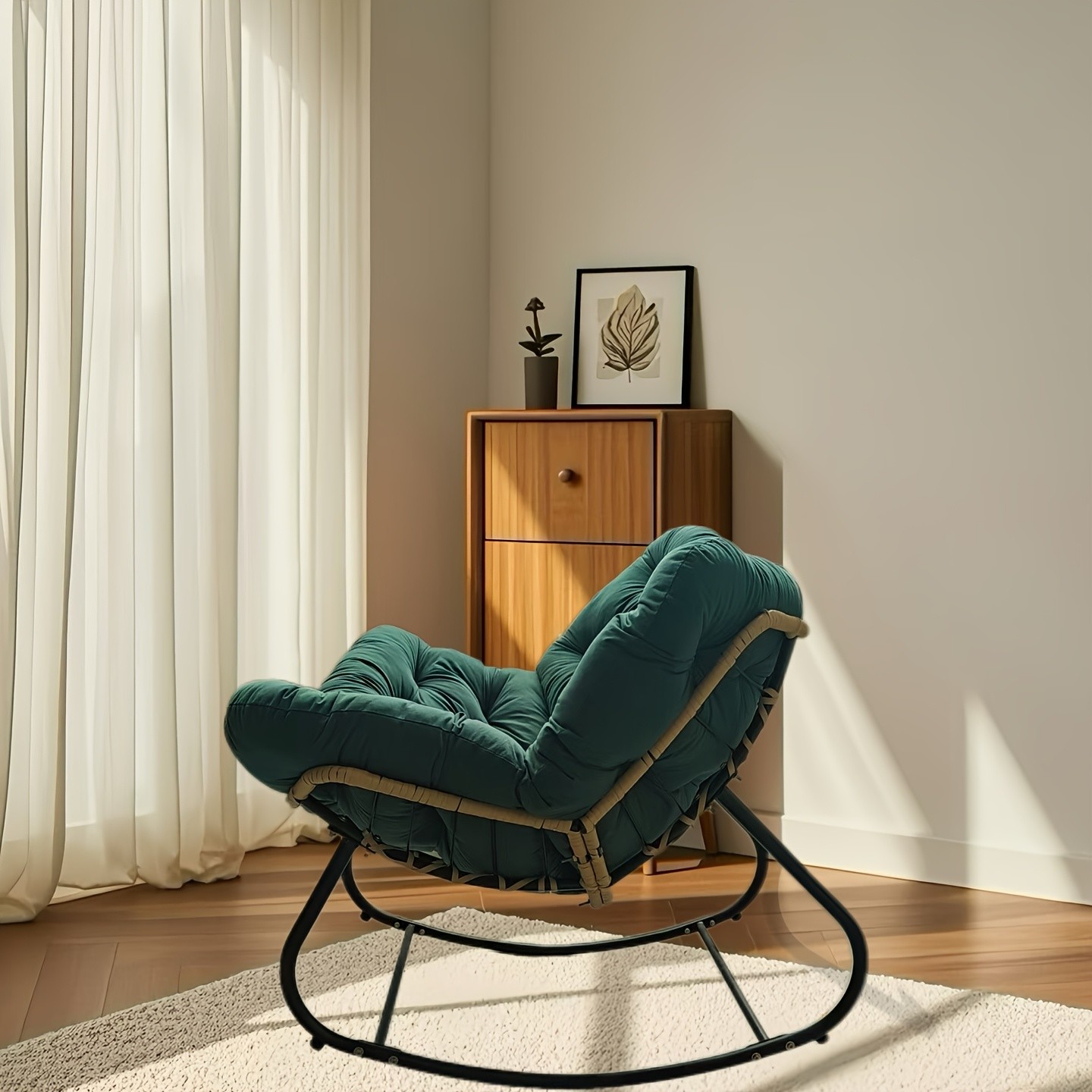 YLBKIKR Outdoor/Indoor Rocking Chair  Heavy-Duty Wicker & Metal Frame with Plush Padding for Patio, Porch, and Garden Comfort