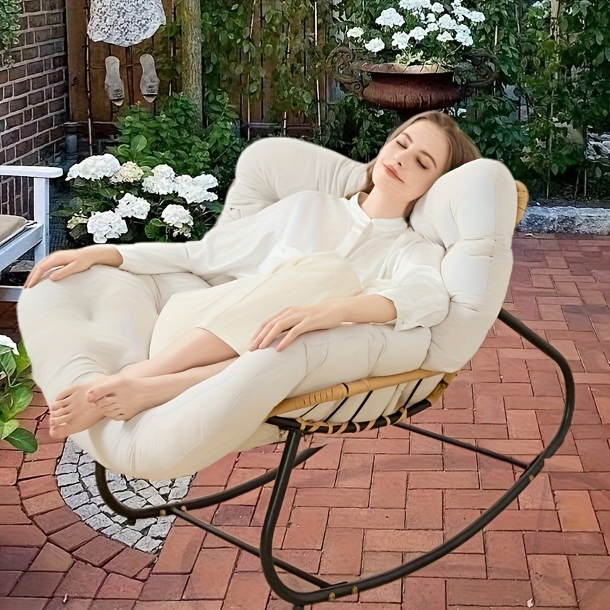 YLBKIKR Outdoor/Indoor Rocking Chair  Heavy-Duty Wicker & Metal Frame with Plush Padding for Patio, Porch, and Garden Comfort