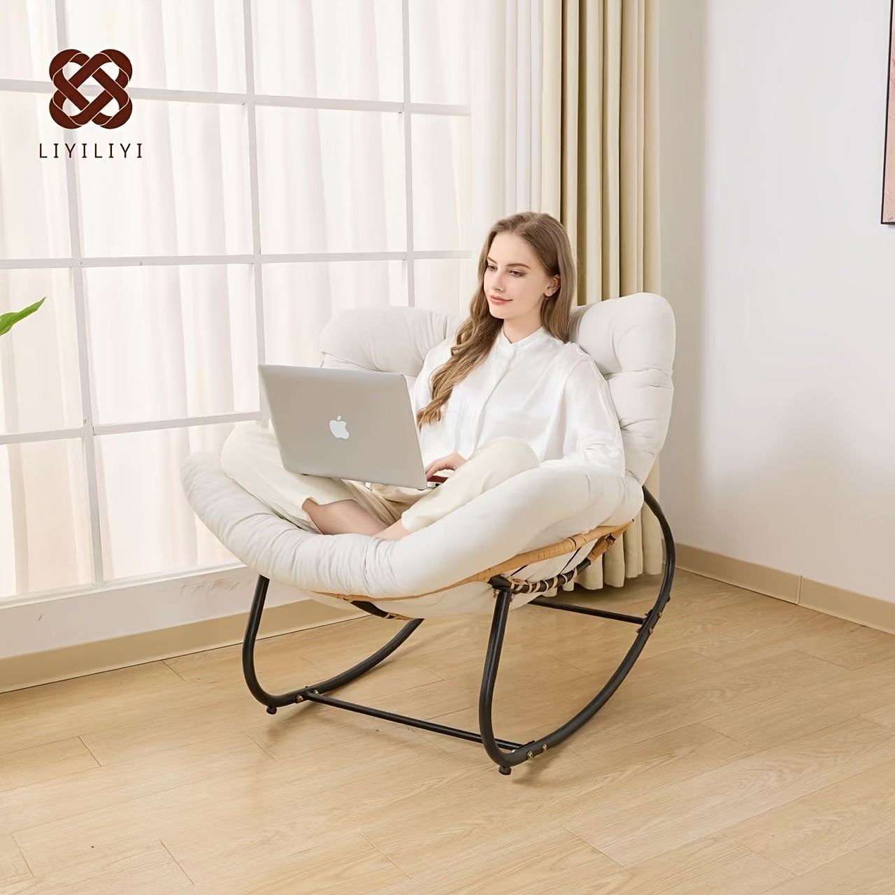 YLBKIKR Outdoor/Indoor Rocking Chair  Heavy-Duty Wicker & Metal Frame with Plush Padding for Patio, Porch, and Garden Comfort