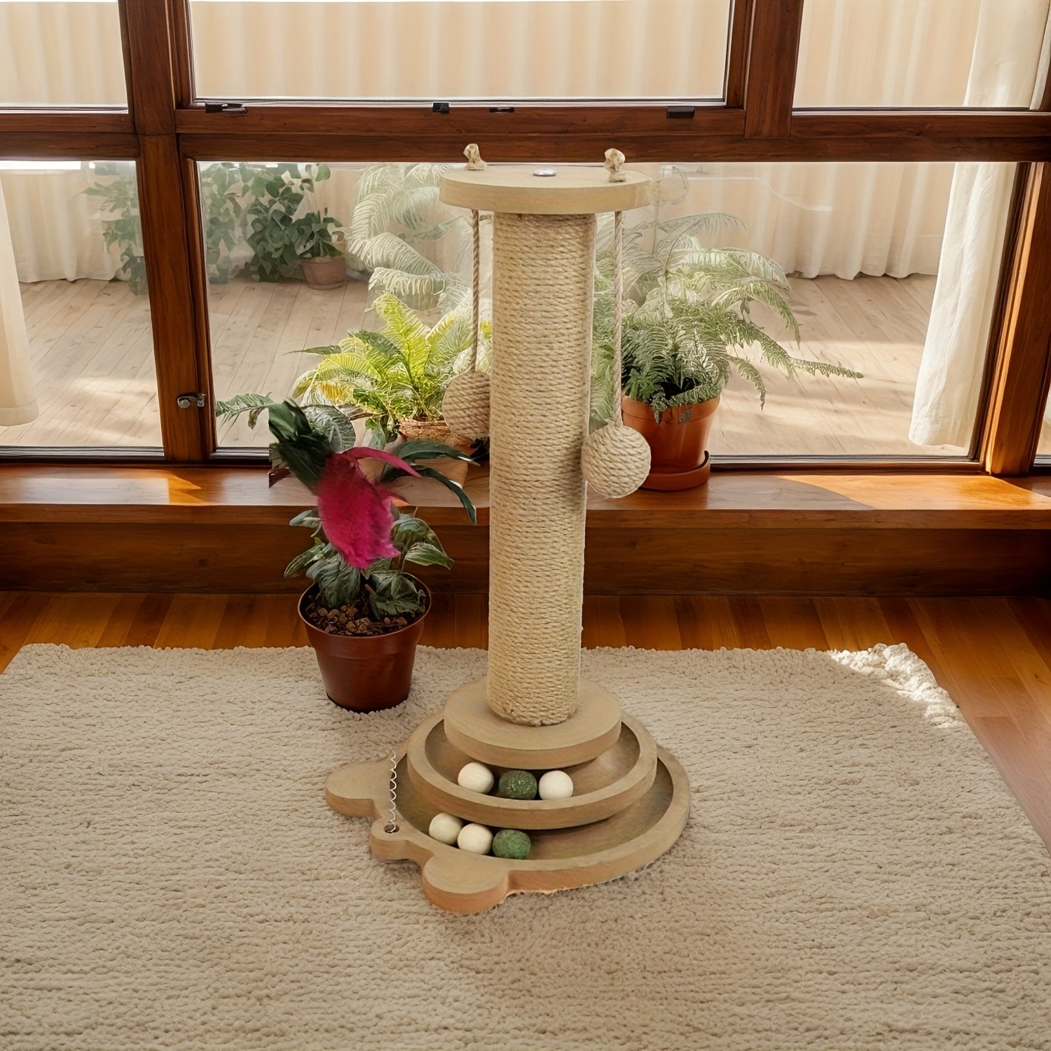 HAOZCL Interactive Cat Scratching Post Tower Durable, Multi-Functional Scratch Board with Ball Track and Hanging Toys for Endless Fun