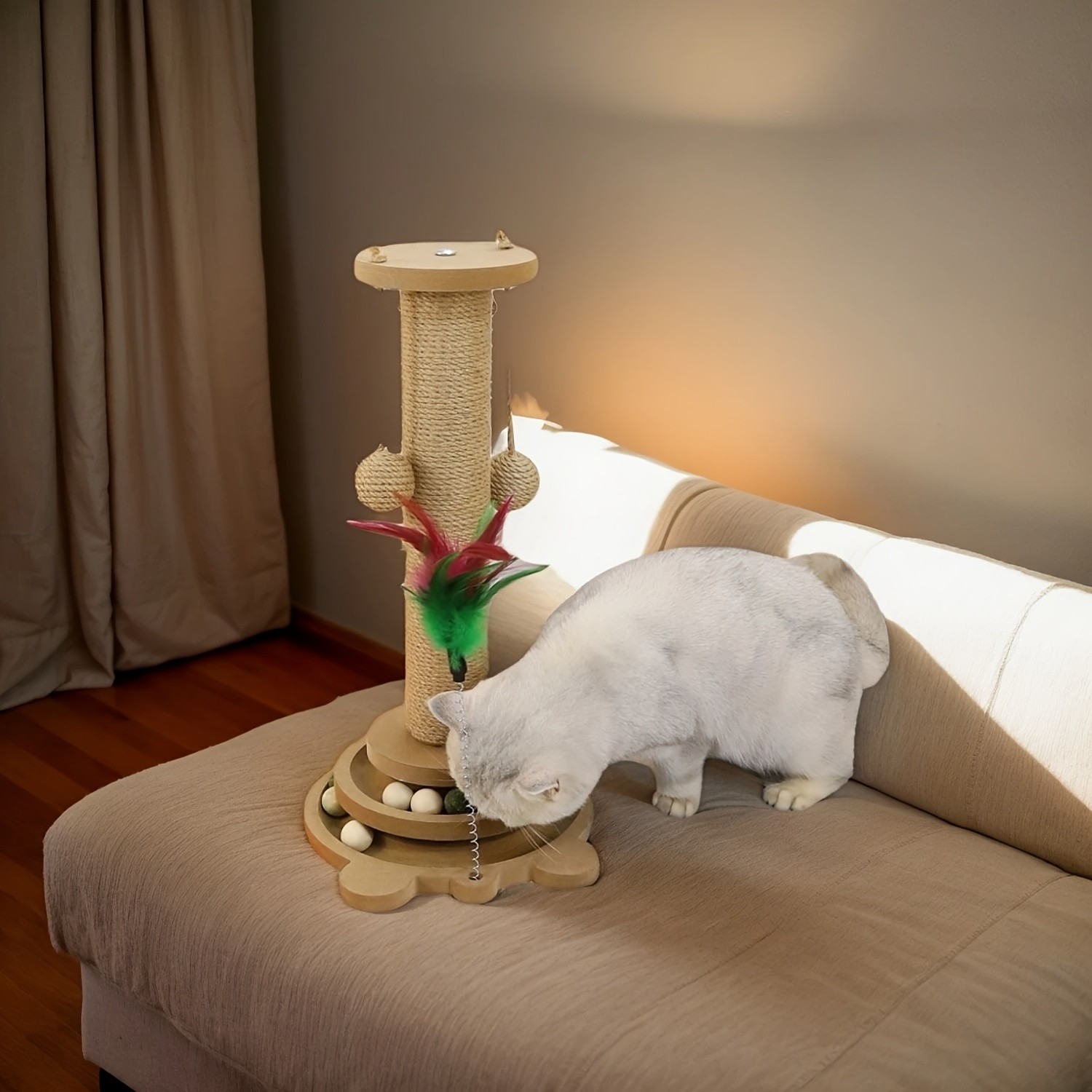 HAOZCL Interactive Cat Scratching Post Tower Durable, Multi-Functional Scratch Board with Ball Track and Hanging Toys for Endless Fun