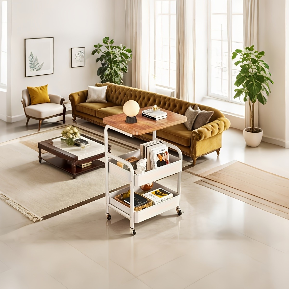 HAOZCL 3-Tier Rolling Cart with Tabletop  Durable Carbon Steel Frame for Easy Mobility and Versatile Storage