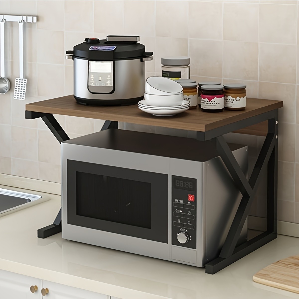 HAOZCL Modern Wooden & Metal Kitchen Cart with 2-Tier Shelves  Sleek Countertop Storage Rack for Microwave, Coffee Maker, and Spice Jars