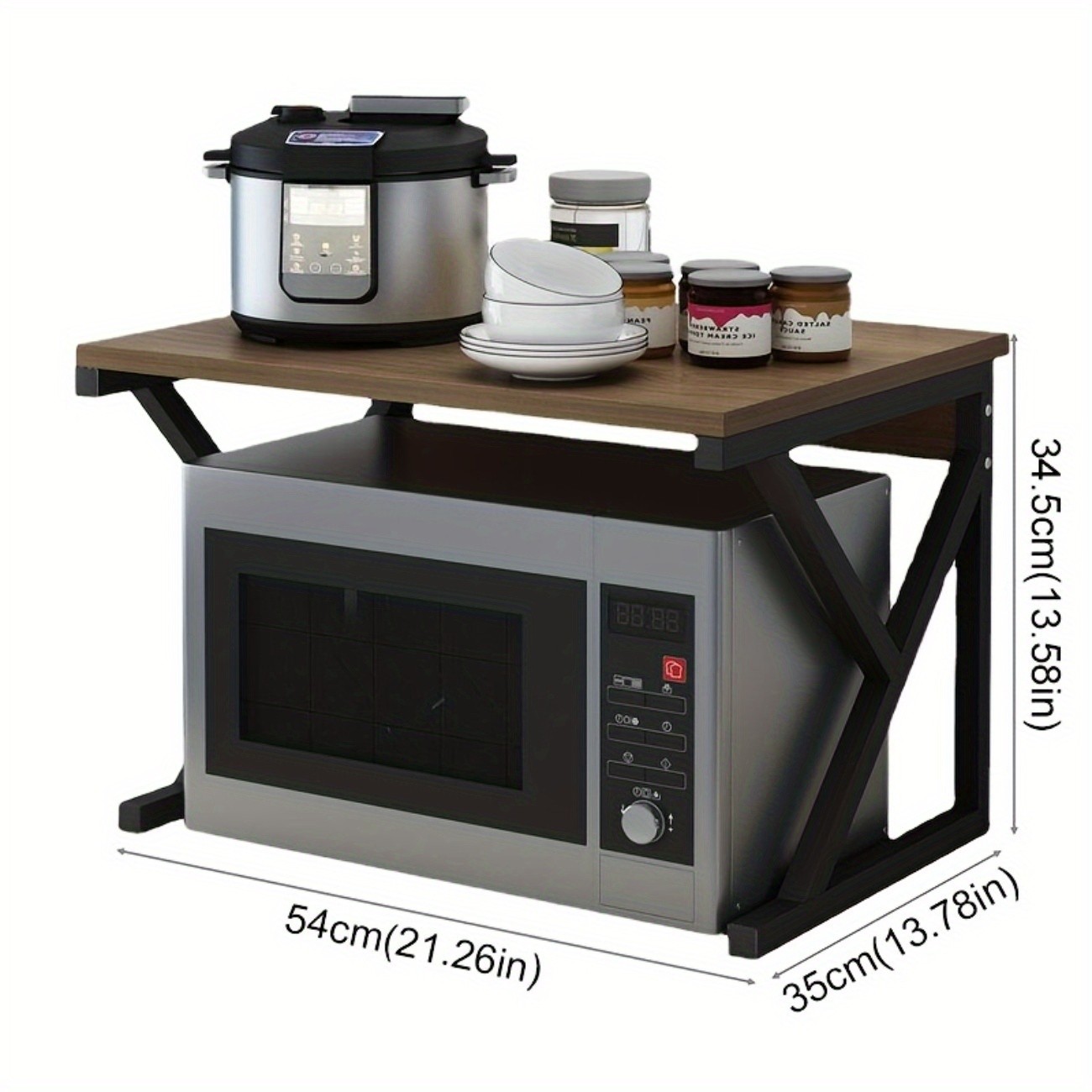 HAOZCL Modern Wooden & Metal Kitchen Cart with 2-Tier Shelves  Sleek Countertop Storage Rack for Microwave, Coffee Maker, and Spice Jars