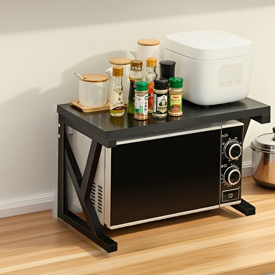 HAOZCL Modern Wooden & Metal Kitchen Cart with 2-Tier Shelves  Sleek Countertop Storage Rack for Microwave, Coffee Maker, and Spice Jars