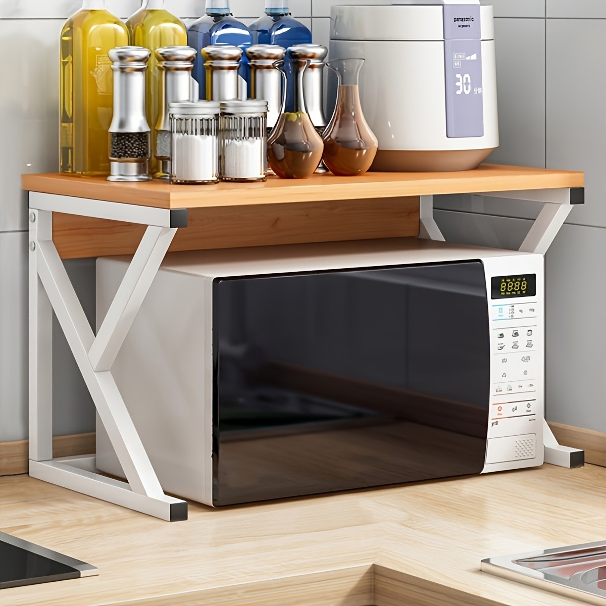 HAOZCL Modern Wooden & Metal Kitchen Cart with 2-Tier Shelves  Sleek Countertop Storage Rack for Microwave, Coffee Maker, and Spice Jars