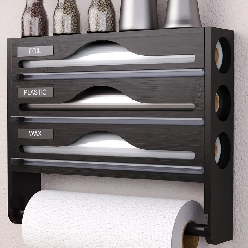 HAOZCL 3-Compartment Cling Film Cutter with Paper Towel Holder  Aluminum Foil, Wax Paper, and Trash Bag Storage in One Sleek Bamboo Organizer