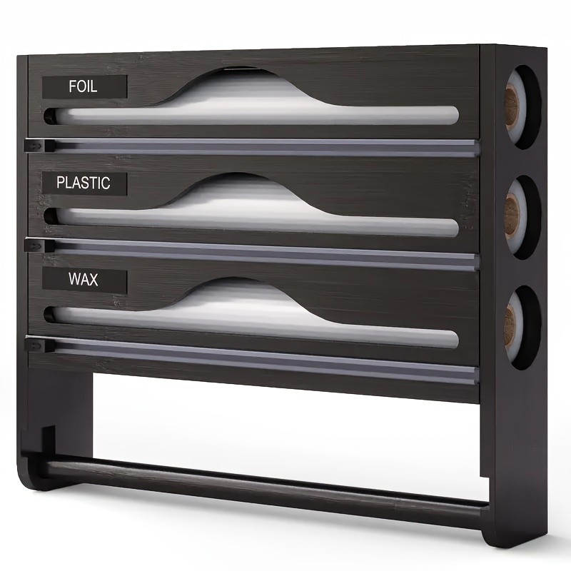 HAOZCL 3-Compartment Cling Film Cutter with Paper Towel Holder  Aluminum Foil, Wax Paper, and Trash Bag Storage in One Sleek Bamboo Organizer