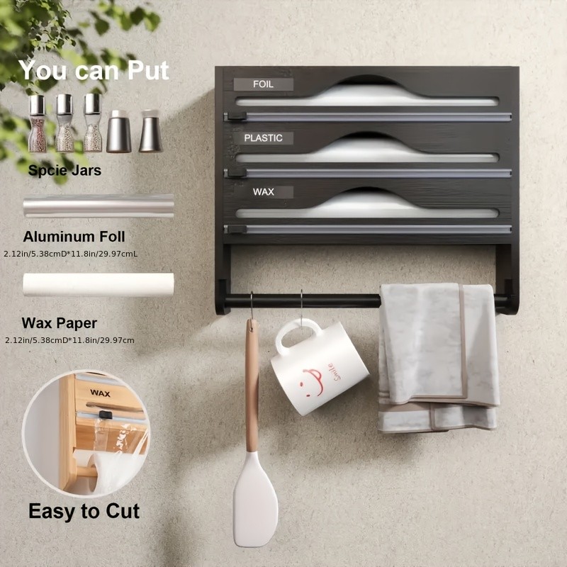 HAOZCL 3-Compartment Cling Film Cutter with Paper Towel Holder  Aluminum Foil, Wax Paper, and Trash Bag Storage in One Sleek Bamboo Organizer