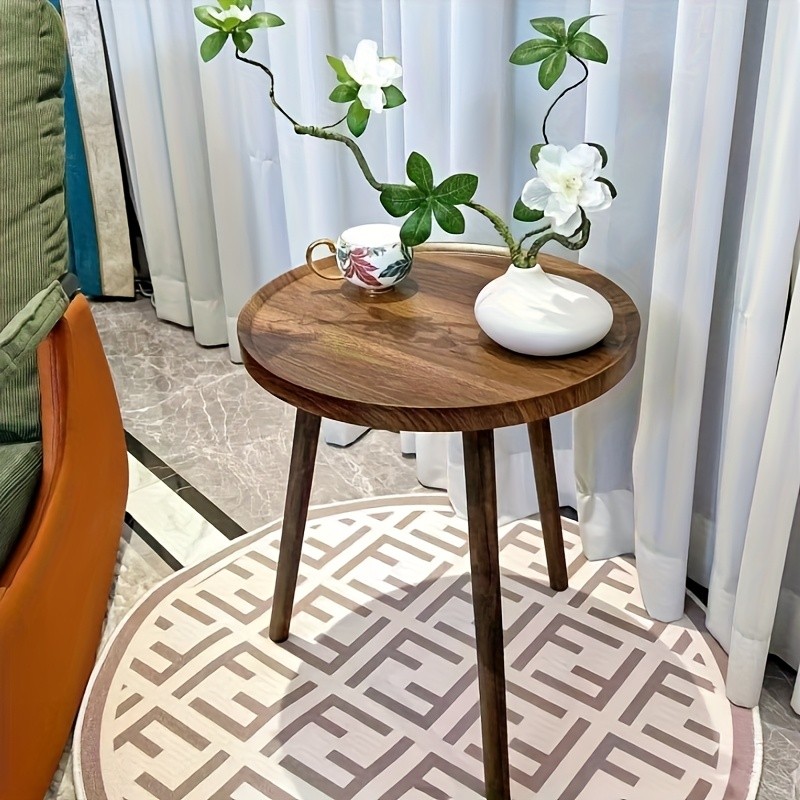 HAOZCL Round Side Table with Storage Rack  Vintage Hardwood Coffee Table with Geometric Pattern Top for Living Room, Bedroom, and Balcony