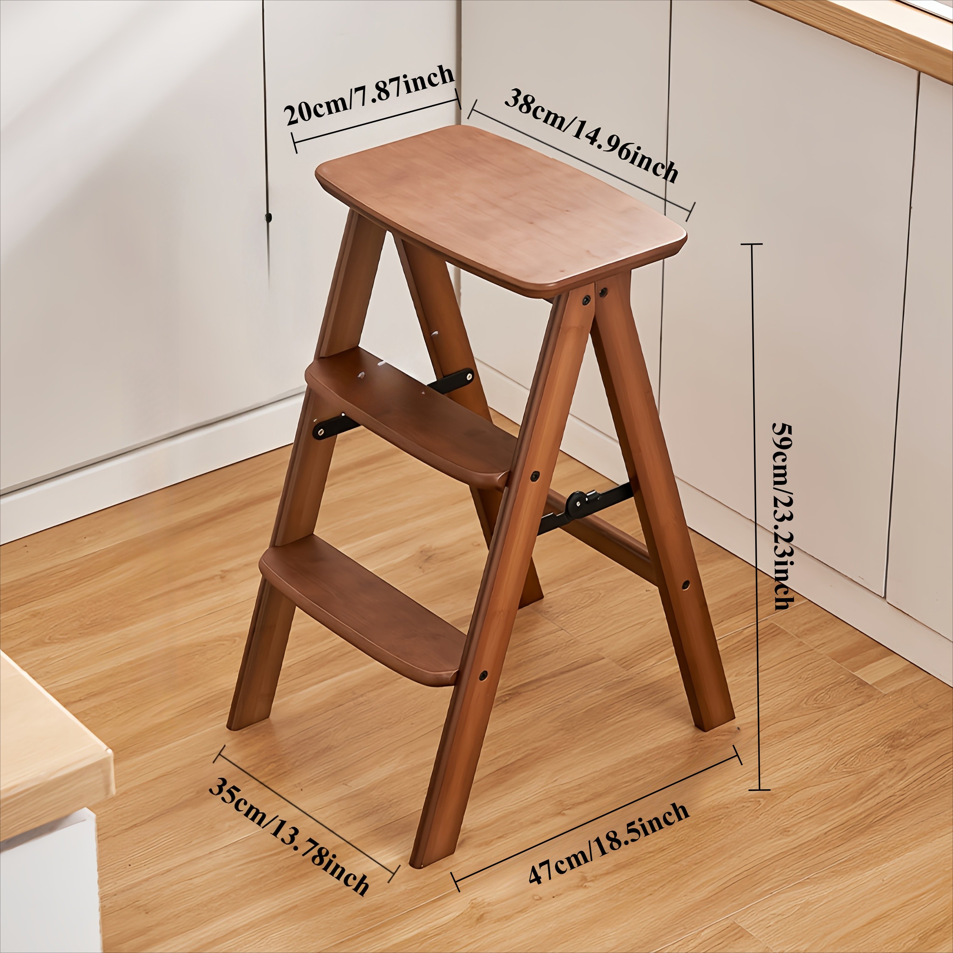 HAOZCL Multi-Functional 3-Tier Folding Step Stool  Portable Ladder with Natural Finish for Home, Office, and Outdoor Use