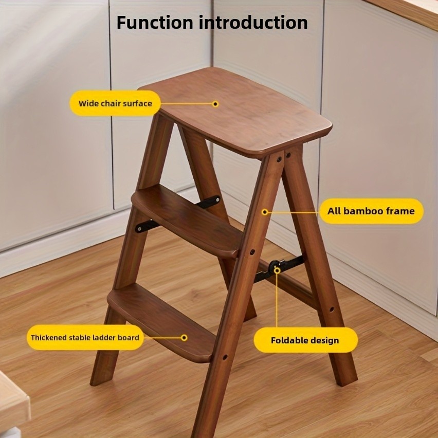 HAOZCL Multi-Functional 3-Tier Folding Step Stool  Portable Ladder with Natural Finish for Home, Office, and Outdoor Use