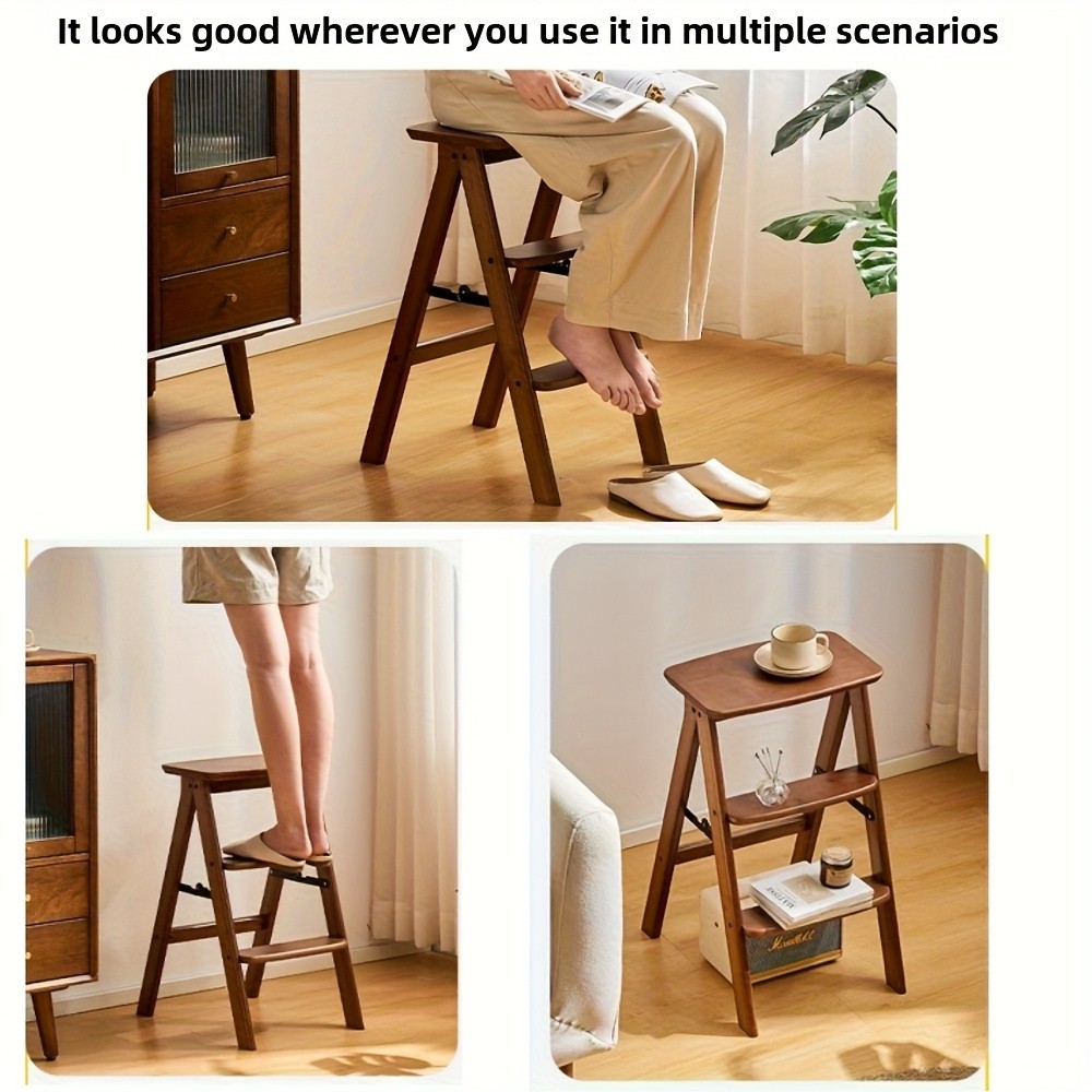 HAOZCL Multi-Functional 3-Tier Folding Step Stool  Portable Ladder with Natural Finish for Home, Office, and Outdoor Use