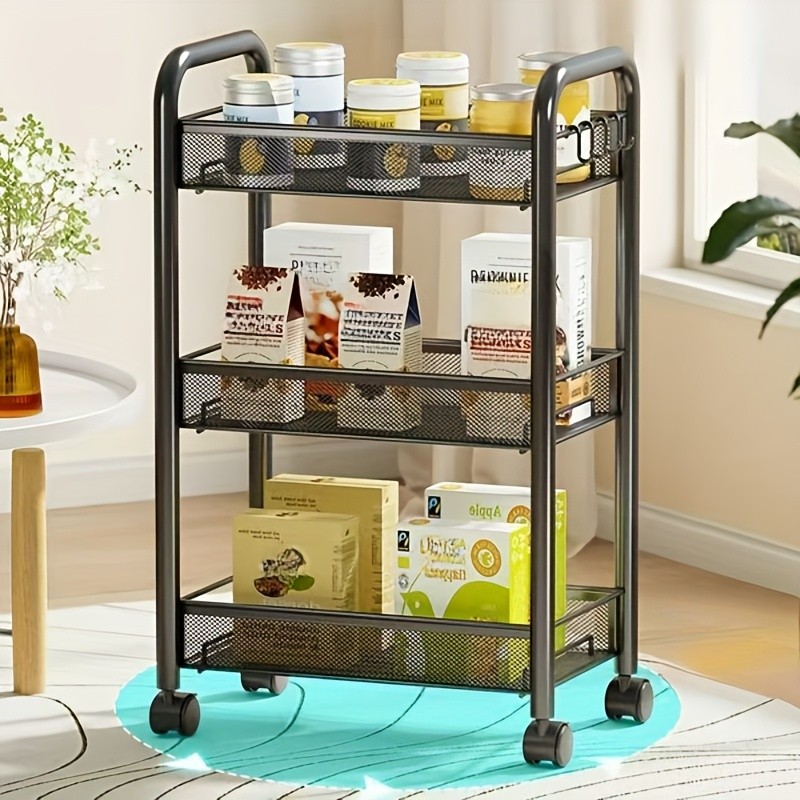 HAOZCL Mesh Rolling Wire Multifunctional Cart  3-Layer Metal Storage Cart with Lockable Wheels for Home, Office, and Kitchen Use