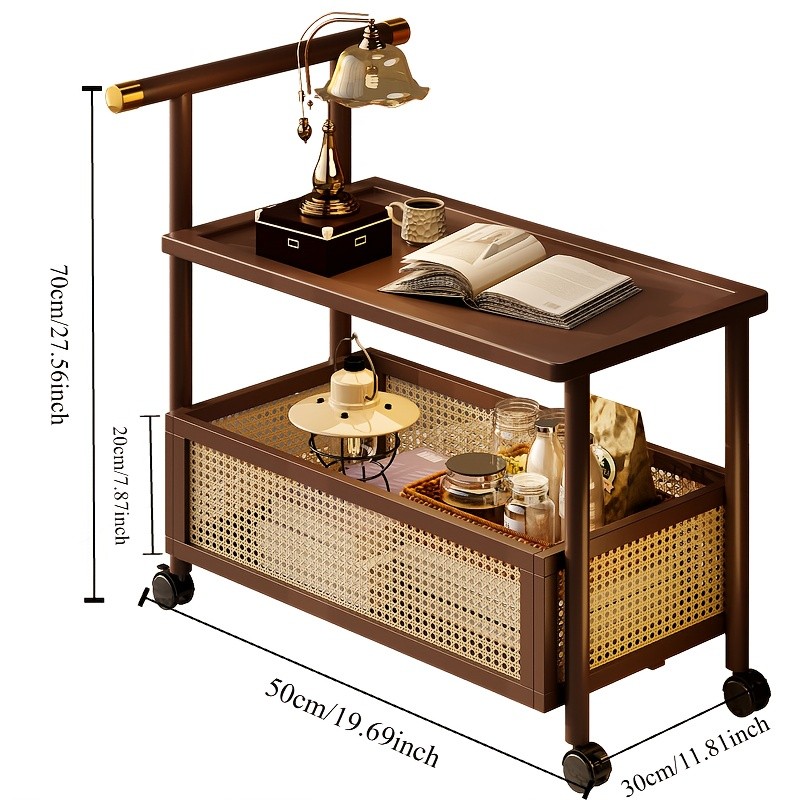 HAOZCL Antique Style Solid Hardwood Mobile Side Table with Golden Accents  Vintage Tea Cart on Wheels for Living Room with Open Shelves and Baskets