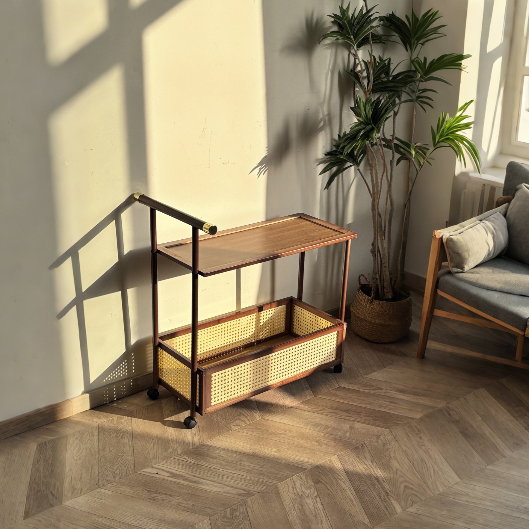 HAOZCL Antique Style Solid Hardwood Mobile Side Table with Golden Accents  Vintage Tea Cart on Wheels for Living Room with Open Shelves and Baskets