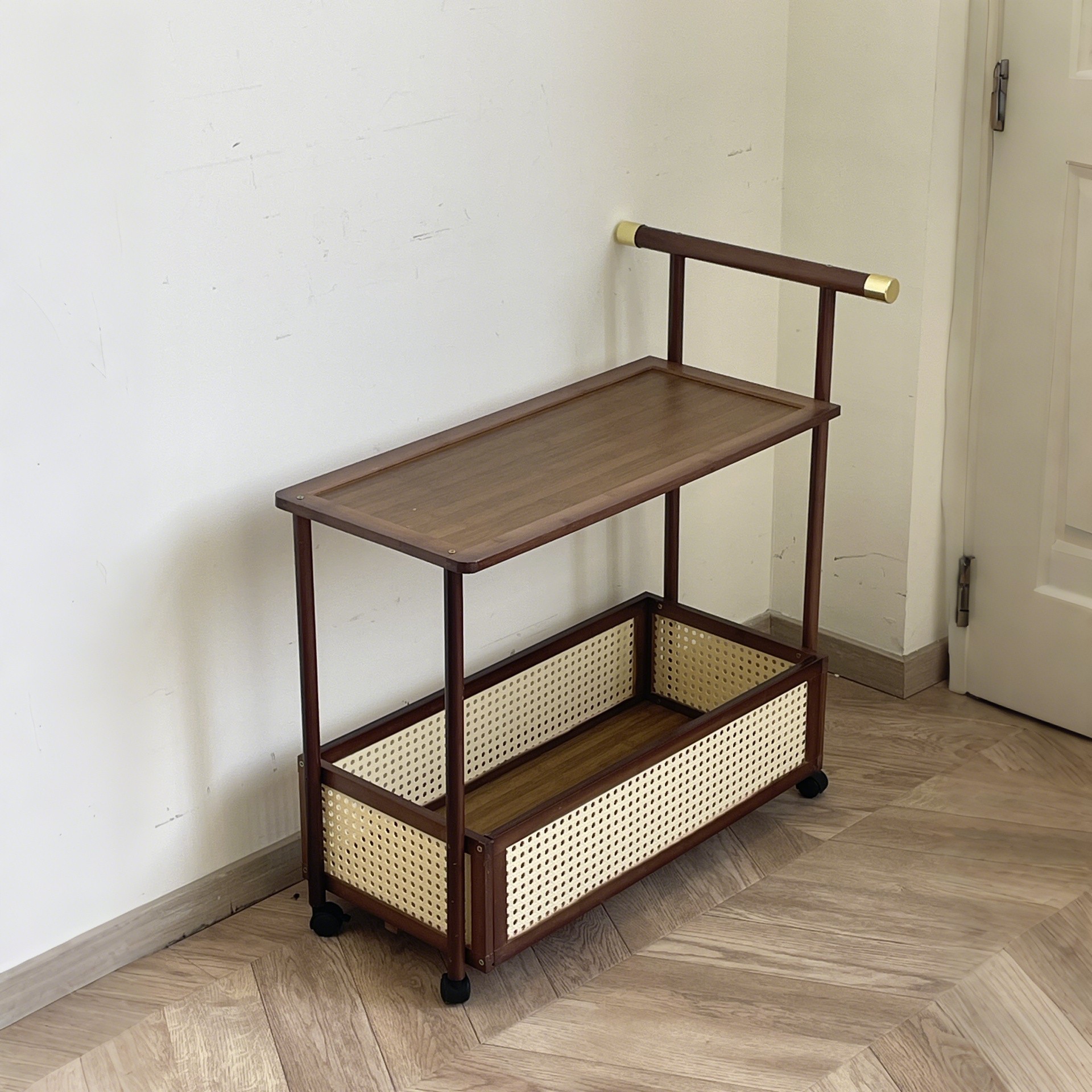 HAOZCL Antique Style Solid Hardwood Mobile Side Table with Golden Accents  Vintage Tea Cart on Wheels for Living Room with Open Shelves and Baskets