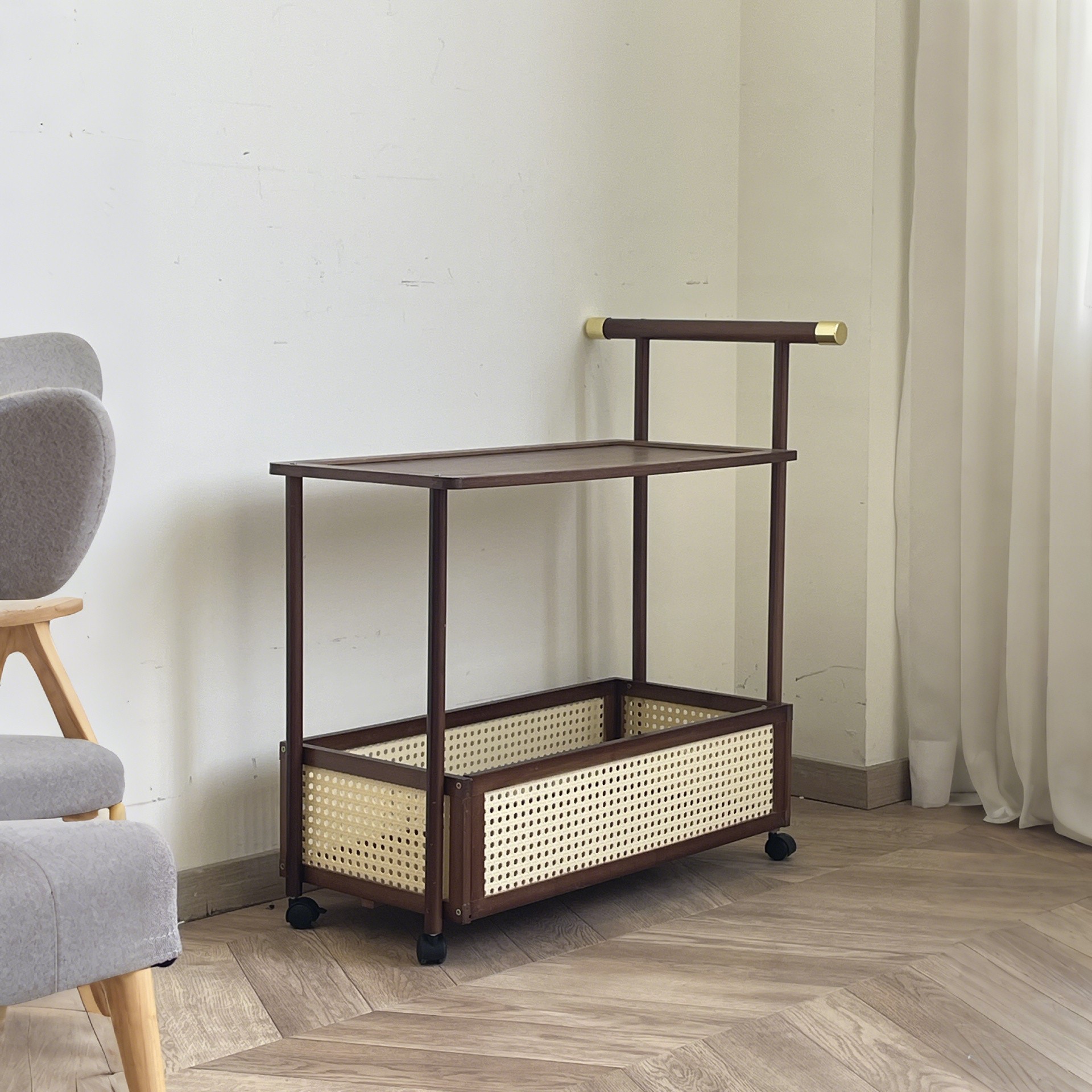 HAOZCL Antique Style Solid Hardwood Mobile Side Table with Golden Accents  Vintage Tea Cart on Wheels for Living Room with Open Shelves and Baskets