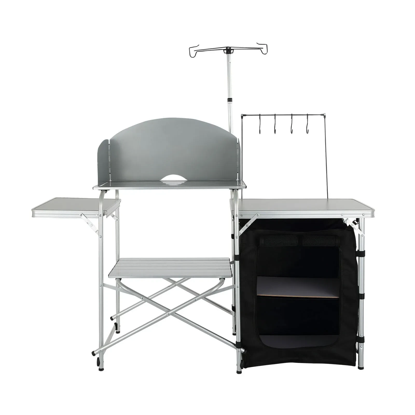 Camping Kitchen Table, Folding Outdoor Cooking Table With Storage Carrying Bag, Aluminum Cook Station 1 Cupboard & Detachable Windscreen, Quick Set-up For Picnics, BBQ, RV Traveling, Black