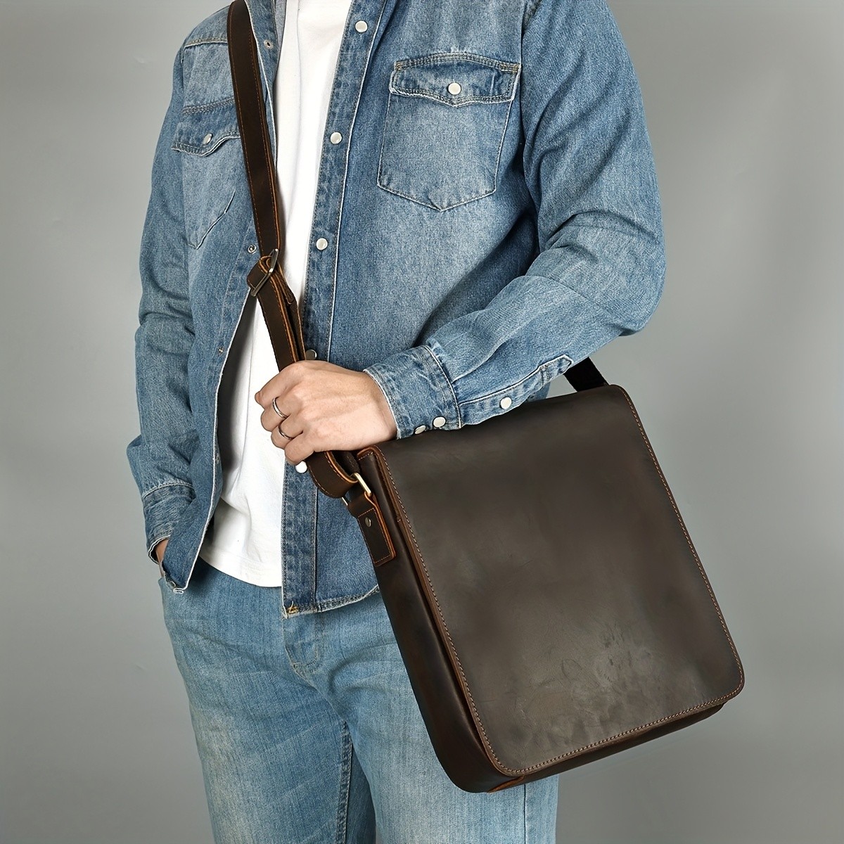NIUCUNZH Men's Vintage Full-Genuine Crazy Horse Leather Satchel  Stylish, Durable, and Perfect for Outdoor Travel and Work