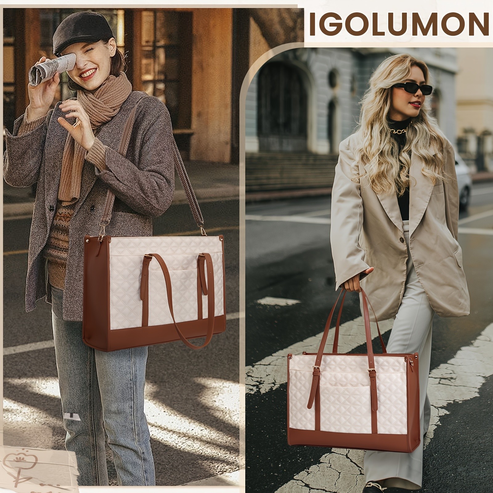 IGOLUMON Womens 39.62 cm Vegan PU Leather Laptop Tote Bag  Stylish, TSA-Compliant, and Perfect for Work, College, and Travel