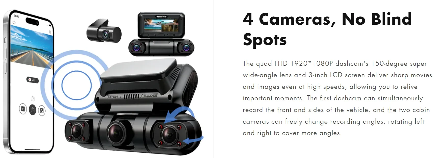 Hainatech 360 Degree View 4 Channel Dash Cam Front And Rear Inside Left Right, Dash Camera For Cars, Built-in GPS WiFi Night Vision, 24 7 Recording Parking Mode Monitor, Free 128G Card