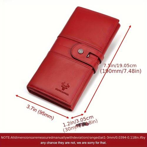 HUMERPAUL Women's Genuine Leather Wallet  Stylish Red Long Clutch with Multiple Card Slots and Zipper Pocket