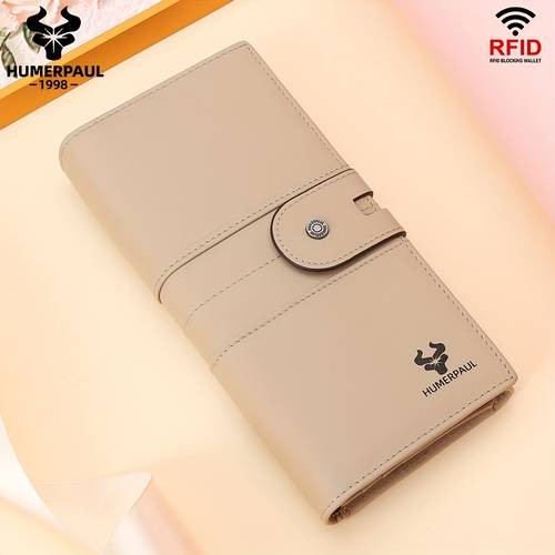 HUMERPAUL Women's Genuine Leather Wallet  Stylish Red Long Clutch with Multiple Card Slots and Zipper Pocket