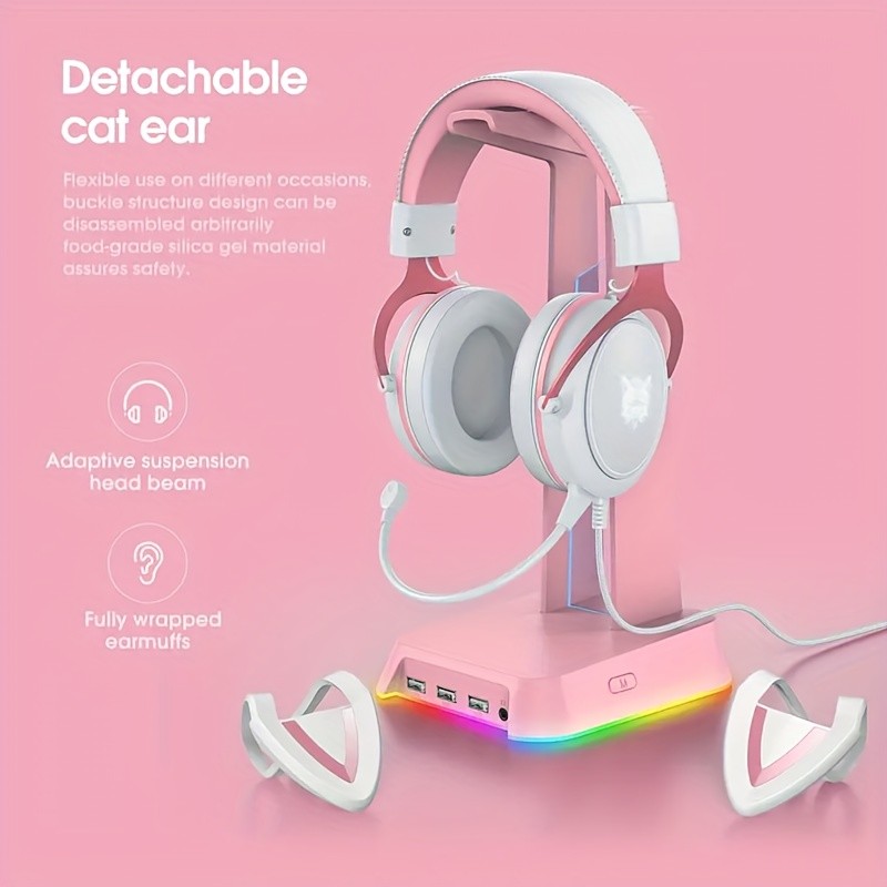 ONIKUMA 3.5mm Wired Gaming Headset  Panoramic Sound, Detachable Cat Ear Decor, and RGB Lighting