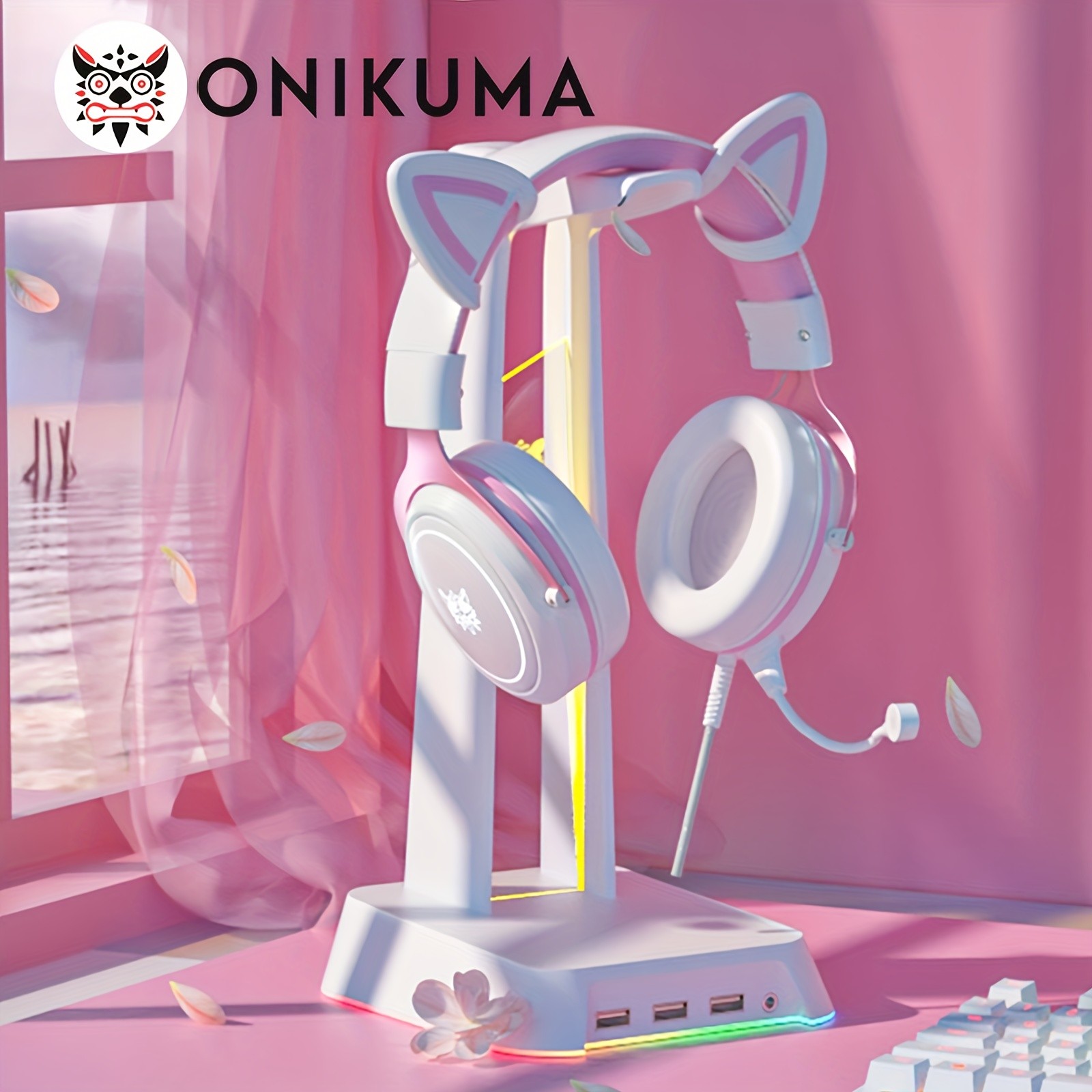 ONIKUMA 3.5mm Wired Gaming Headset  Panoramic Sound, Detachable Cat Ear Decor, and RGB Lighting