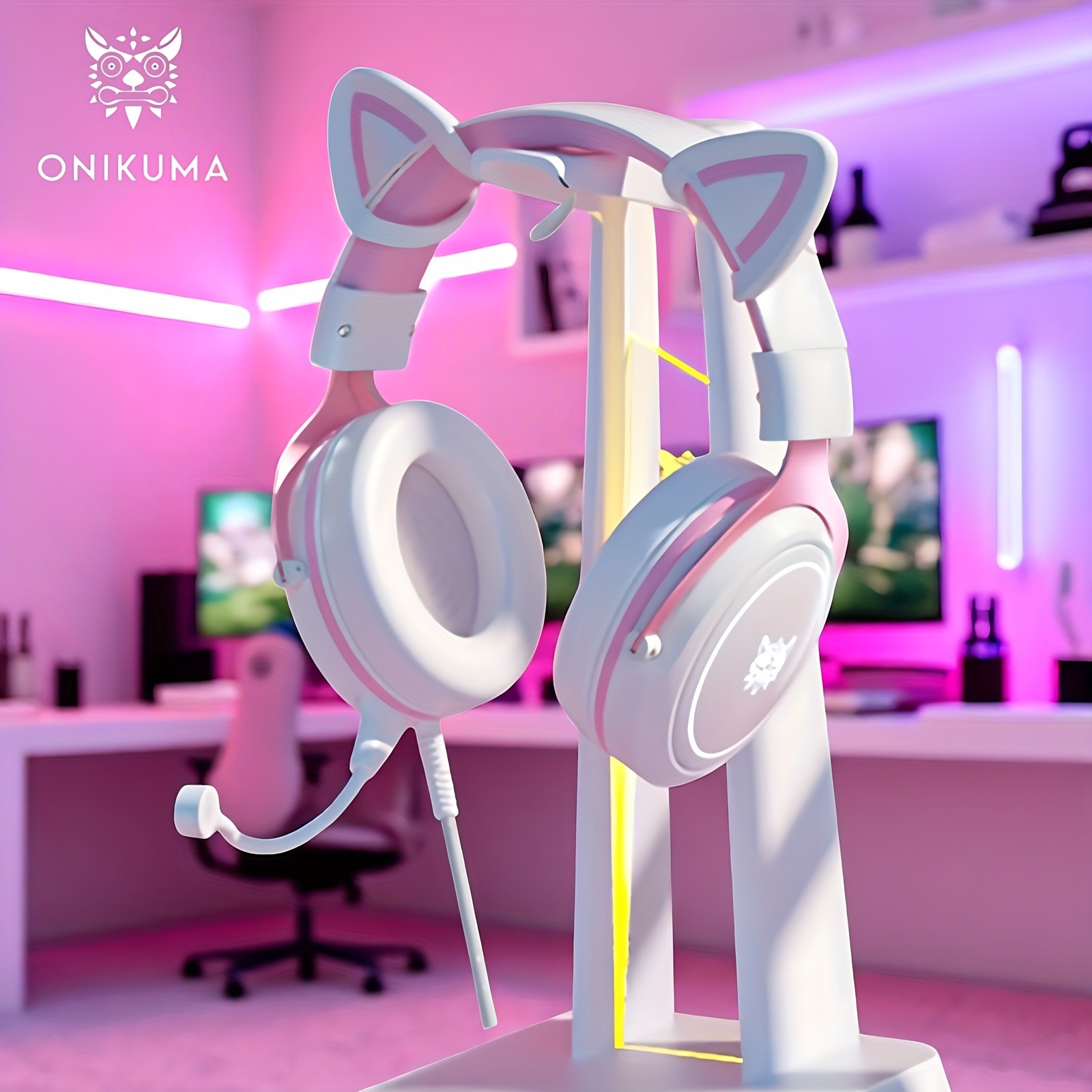 ONIKUMA 3.5mm Wired Gaming Headset  Panoramic Sound, Detachable Cat Ear Decor, and RGB Lighting