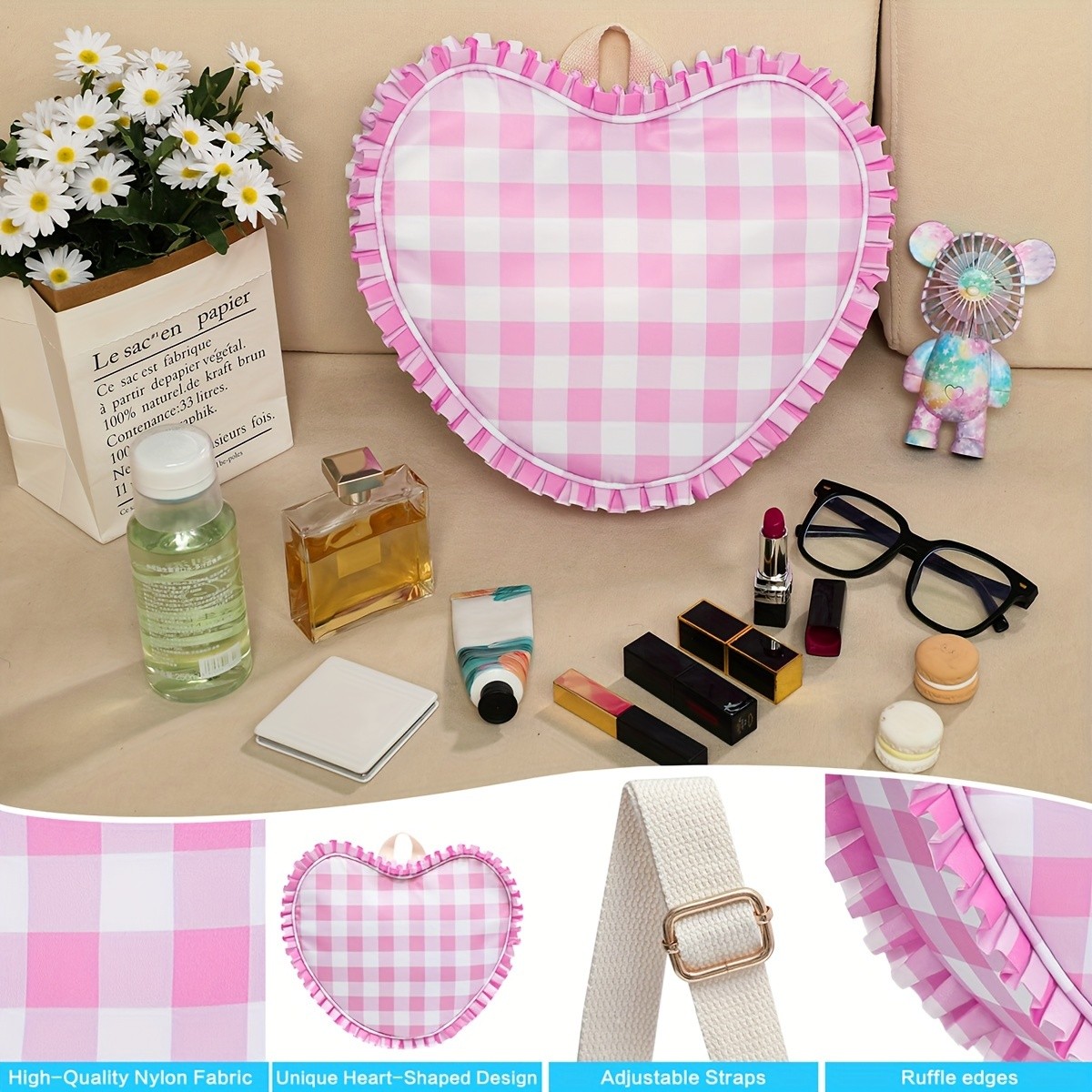 DANCURKEY Chic Pink Lace Heart-Shaped Backpack