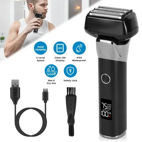Electric Foil Face Shaver 5-Blade Electric Razor For Men Wet & Dry Jawline Beard Trimmer Precision Sideburn Shavers IPX6 Waterproof With LED Display Cleaning Brushes GPCT5466