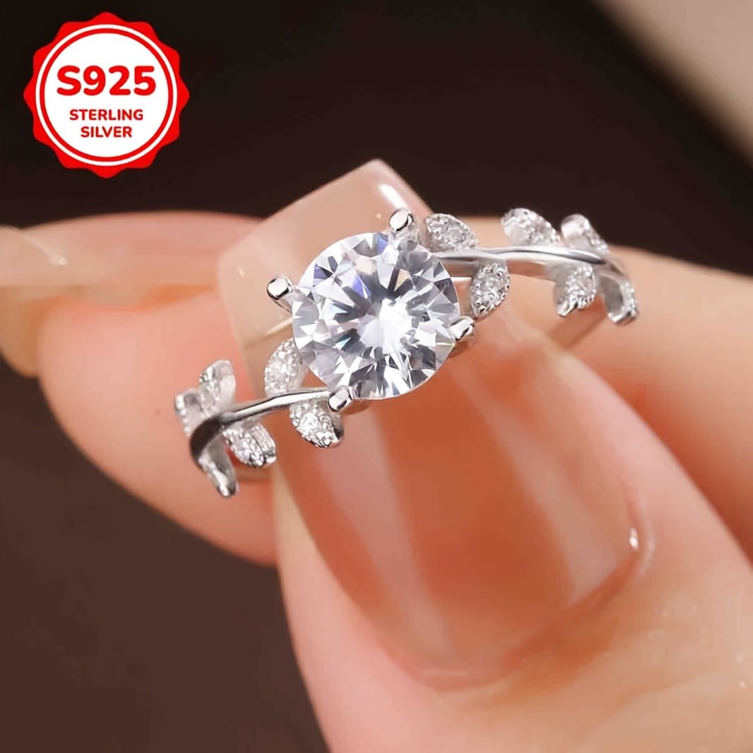 SIMILANKA 925 Silver Leaf Vine Four-Prong Synthetic Zirconia Ring