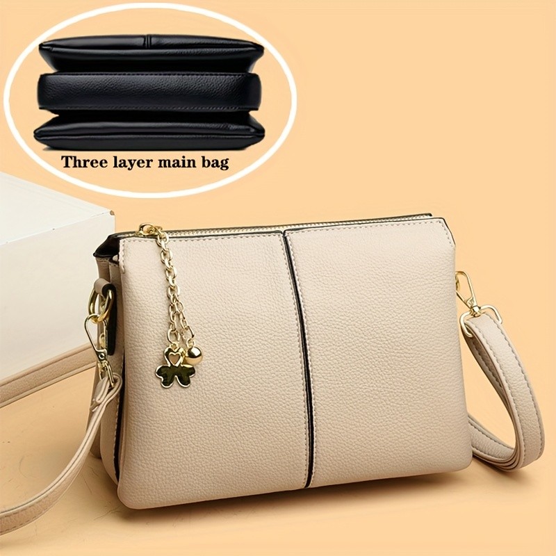 OGEHUAFEE Womens PU Small Square Crossbody Bag  3-Tier Detachable Strap, Tassel Charm, Zipper Closure