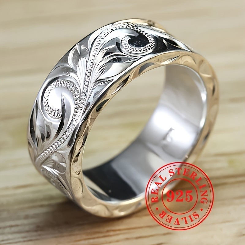 JOYHERS Bohemian Style S925 Sterling Silver Engraved Leaf and Flower Ring