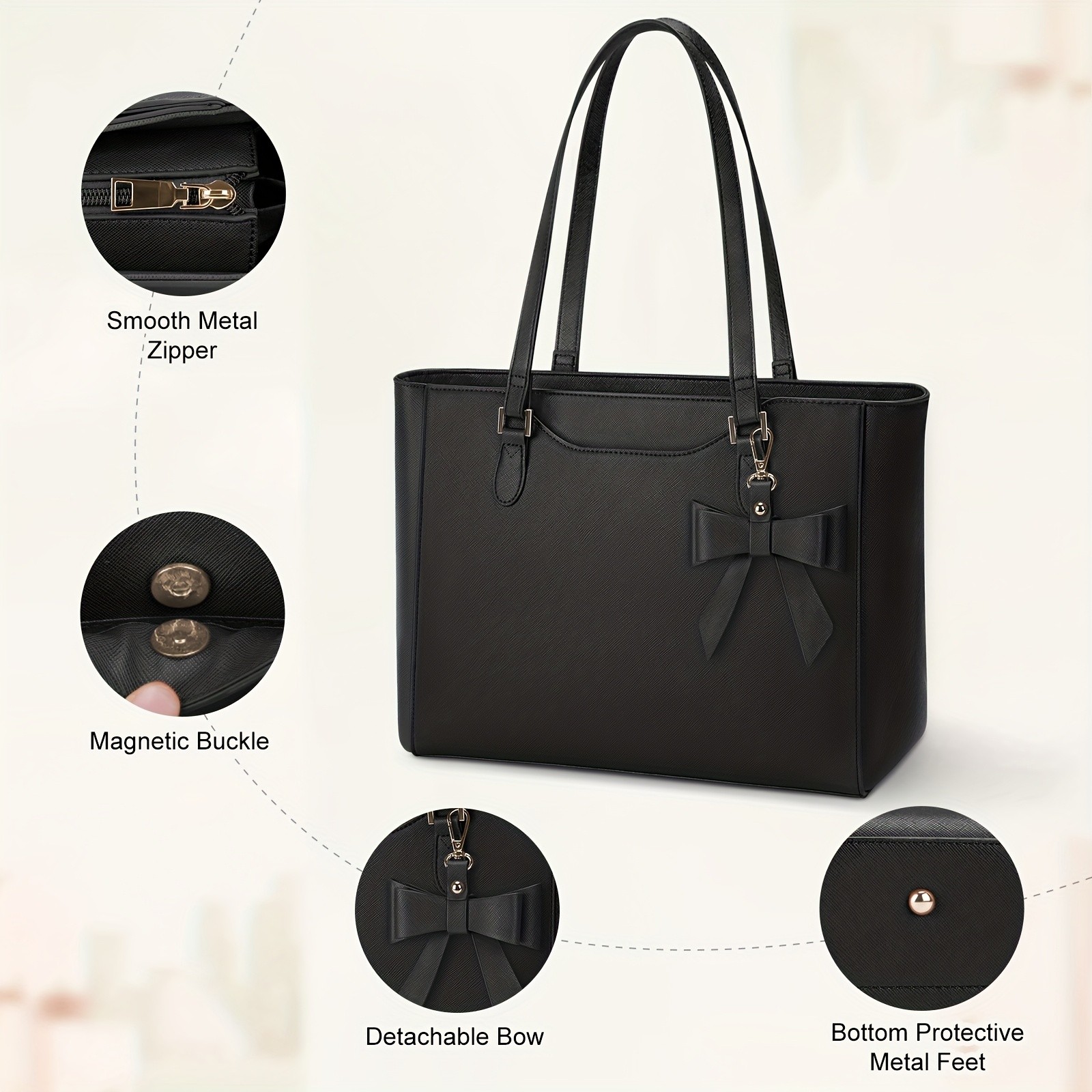 KTMOUW Laptop Bags for Women  Large Capacity Tote Bag, Job Hunting, A4 Support, Self-Supporting Design, Formal Shoulder Bag with Bow Tie