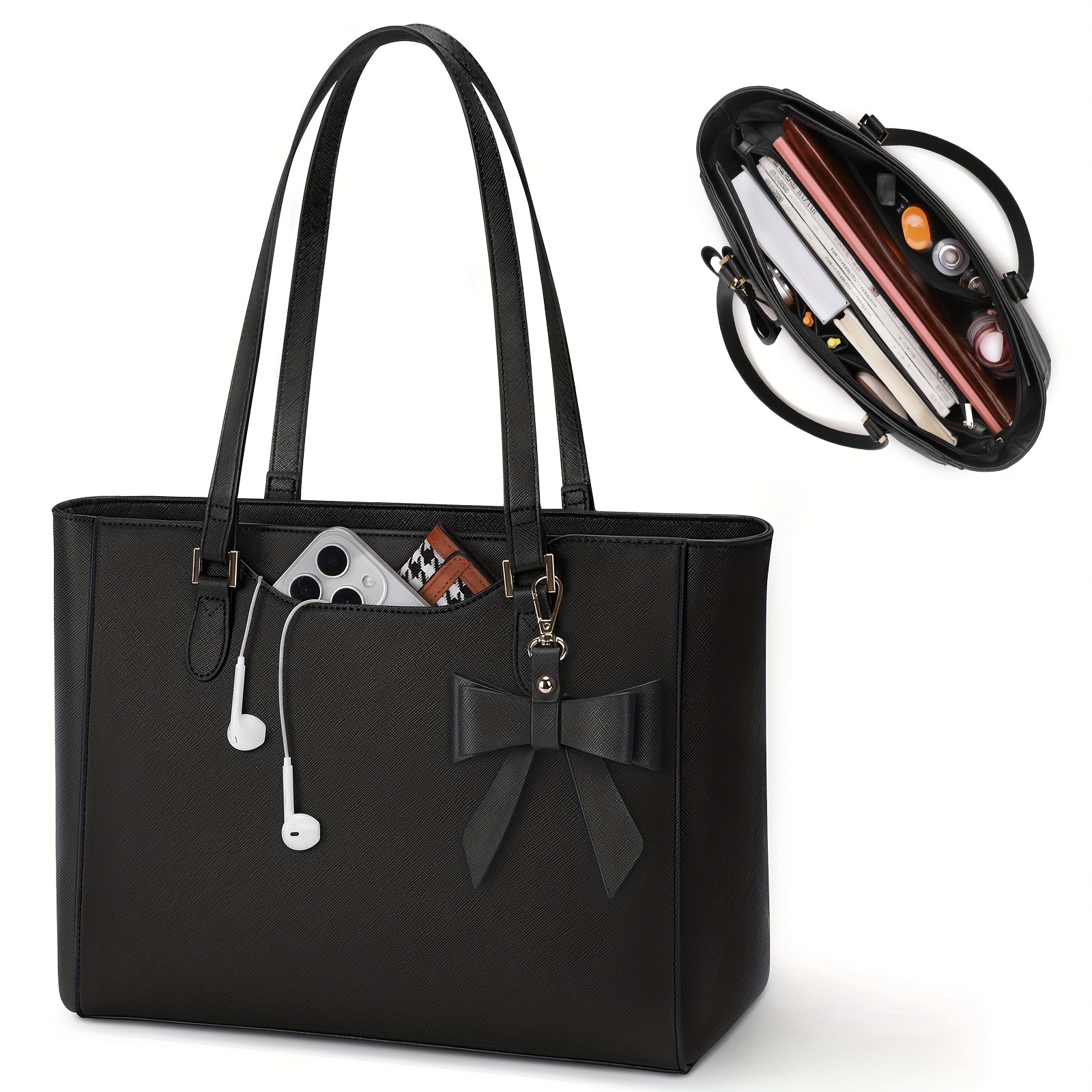 KTMOUW Laptop Bags for Women  Large Capacity Tote Bag, Job Hunting, A4 Support, Self-Supporting Design, Formal Shoulder Bag with Bow Tie