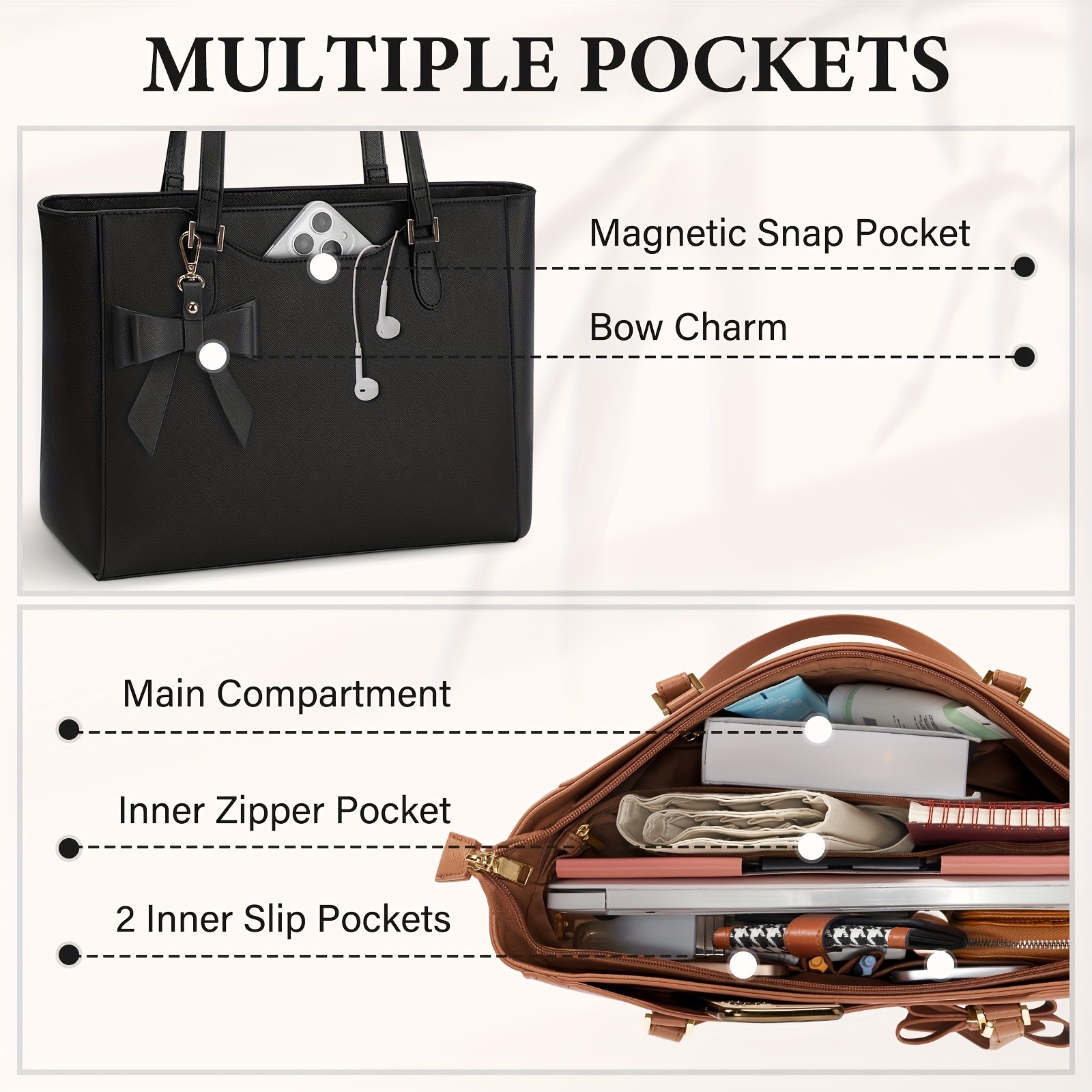 KTMOUW Womens Handbag  Large Capacity PU Leather Tote Bag, Zippered Shoulder Bag for School, Work, Travel, and Shopping