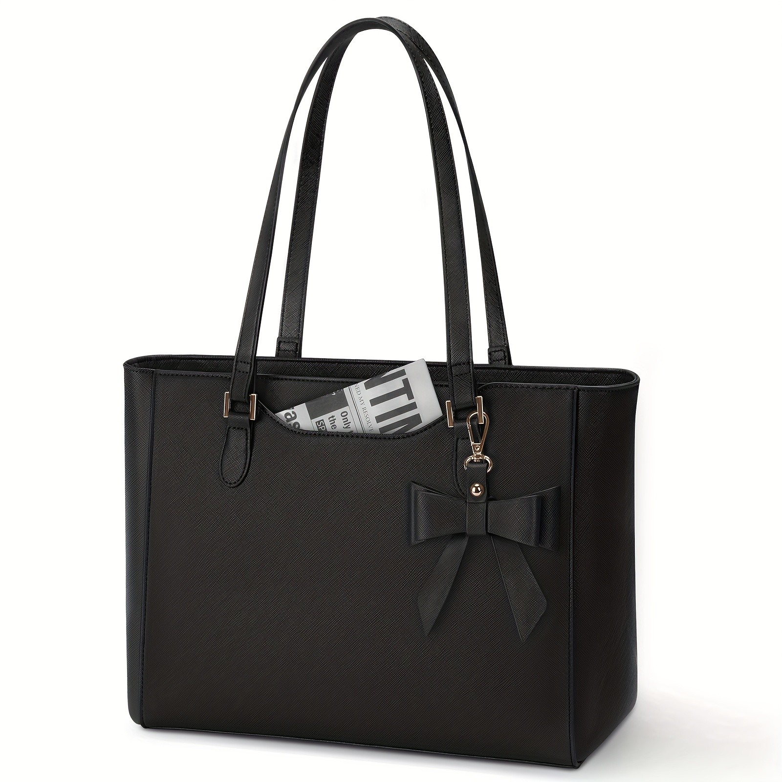 KTMOUW Womens Large Capacity Tote Bag  14-Inch Laptop Bag, Golden-Tone Hardware, Black Bow Accent, Zipper Closure