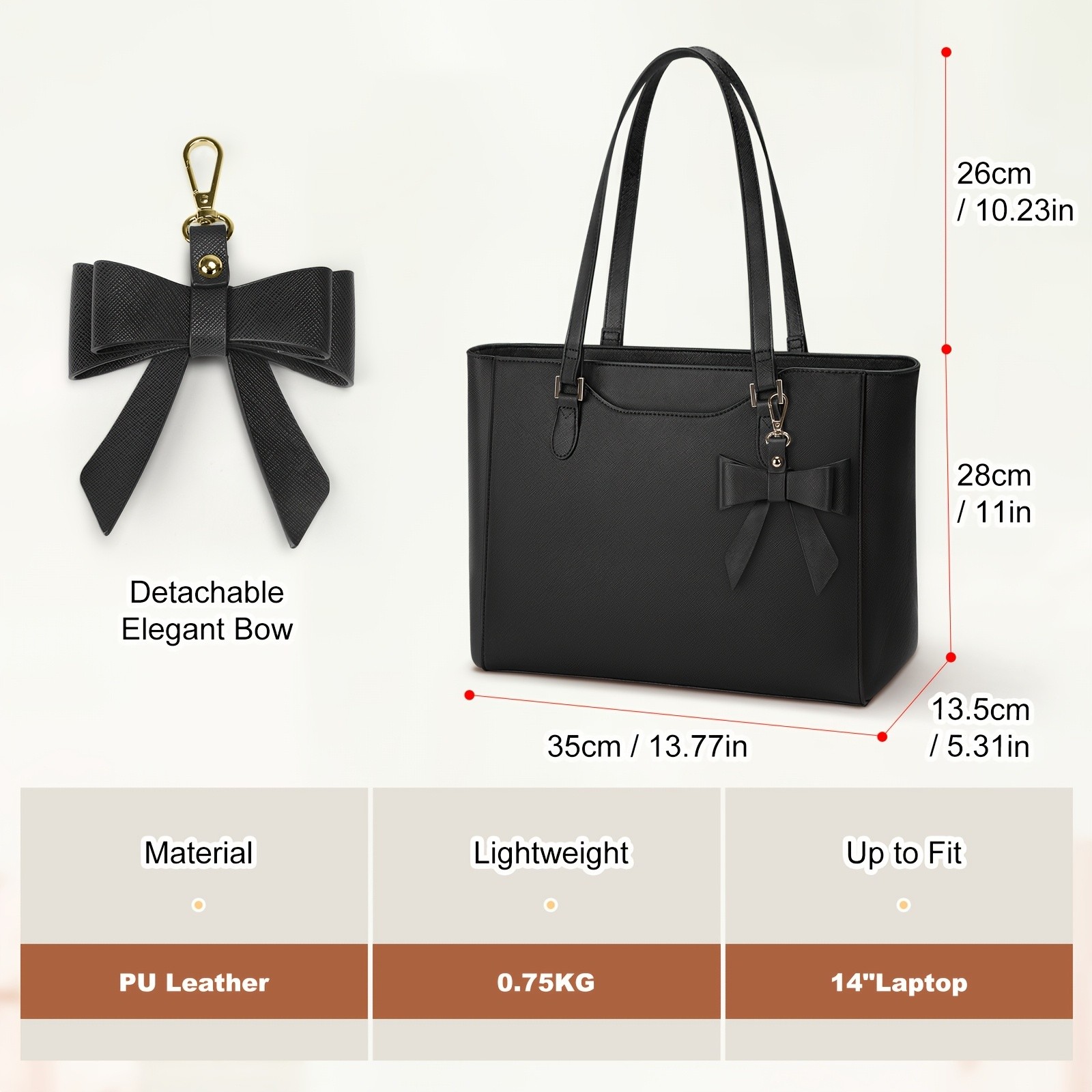 KTMOUW Womens Large Capacity Tote Bag  14-Inch Laptop Bag, Golden-Tone Hardware, Black Bow Accent, Zipper Closure