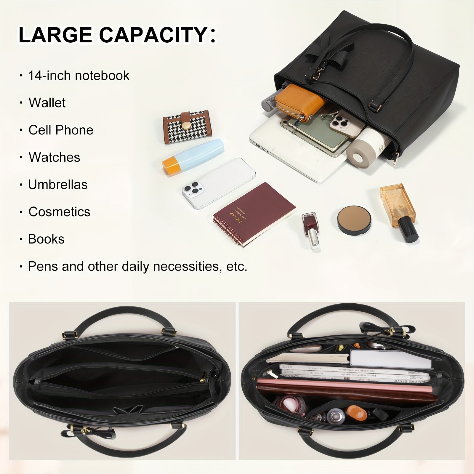 KTMOUW Womens Large Capacity Tote Bag  14-Inch Laptop Bag, Golden-Tone Hardware, Black Bow Accent, Zipper Closure