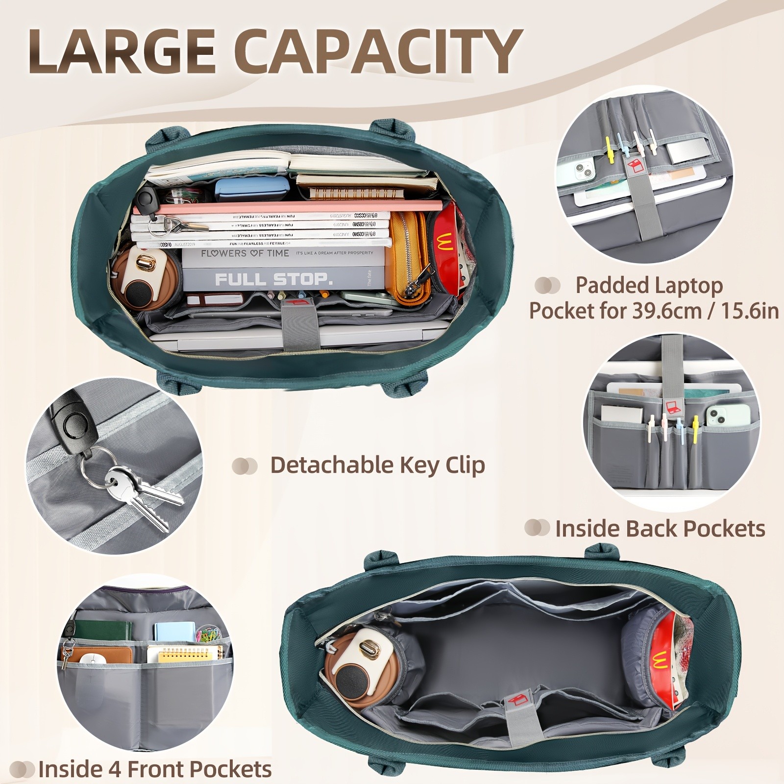 KTMOUW Laptop Bag for Women  Stylish Dark Green Tote, Adjustable Strap, Zipper Closure, Ideal for Teachers & Professionals