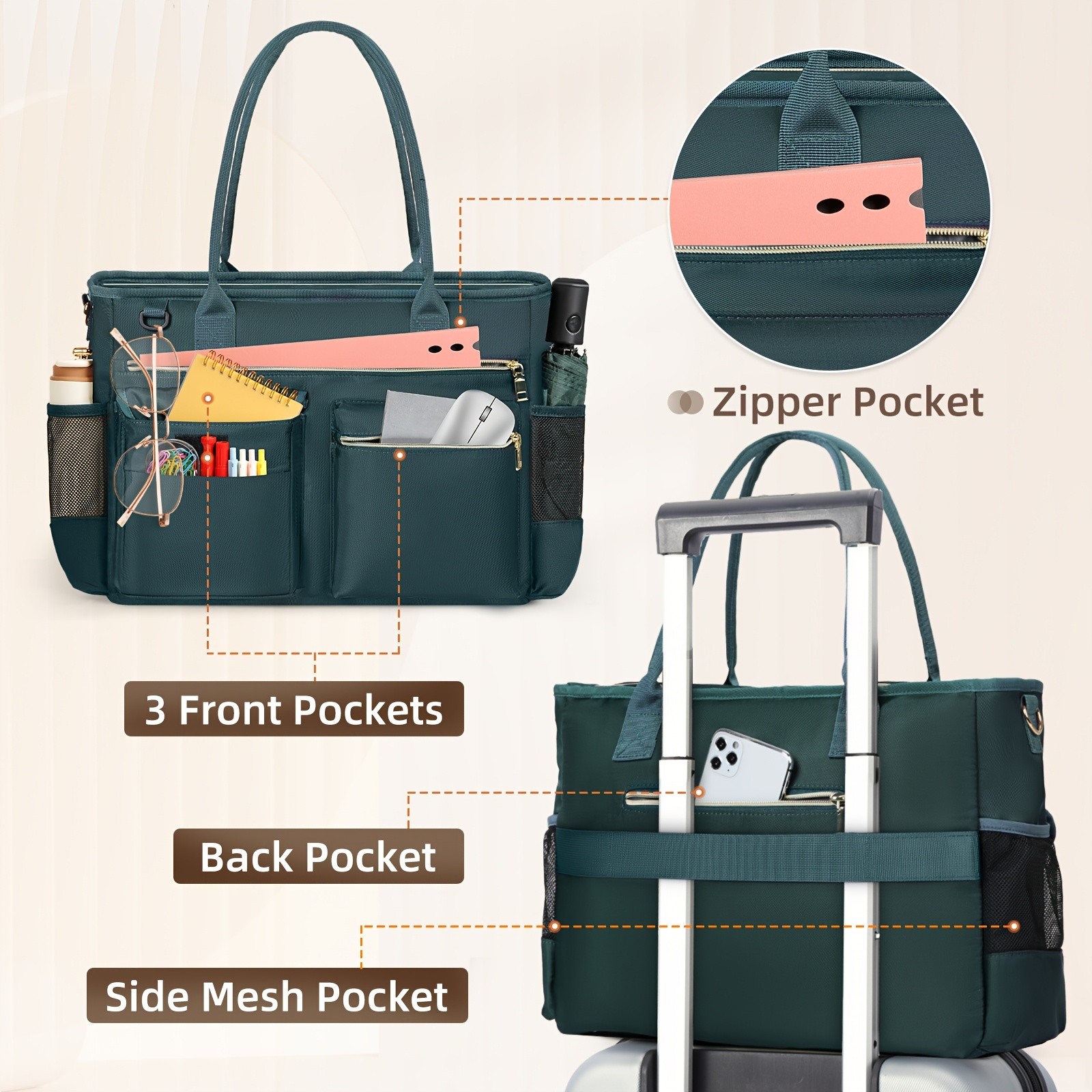 KTMOUW Laptop Bag for Women  Stylish Dark Green Tote, Adjustable Strap, Zipper Closure, Ideal for Teachers & Professionals