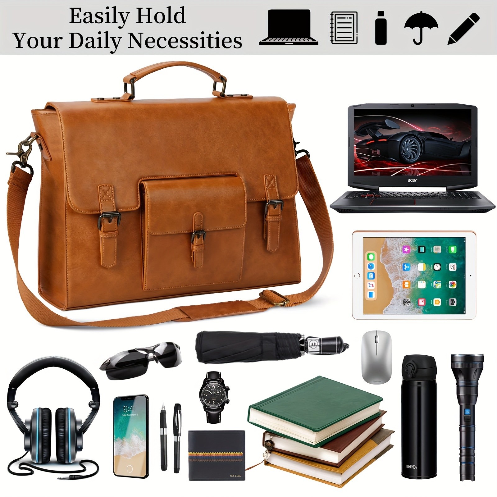 KTMOUW Mens Retro Brown Faux Leather Laptop Backpack  39.62cm Laptop Bag, Adjustable Strap, Durable Zippers, Office & Travel Bag