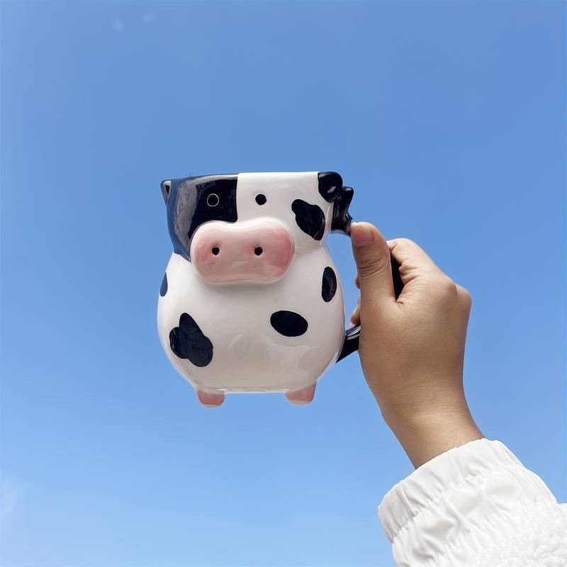 1pc Handmade Cow-Shaped Ceramic Mug with Black & White Cow & Pink Ears  A Fun and Functional Gift for Animal Lovers