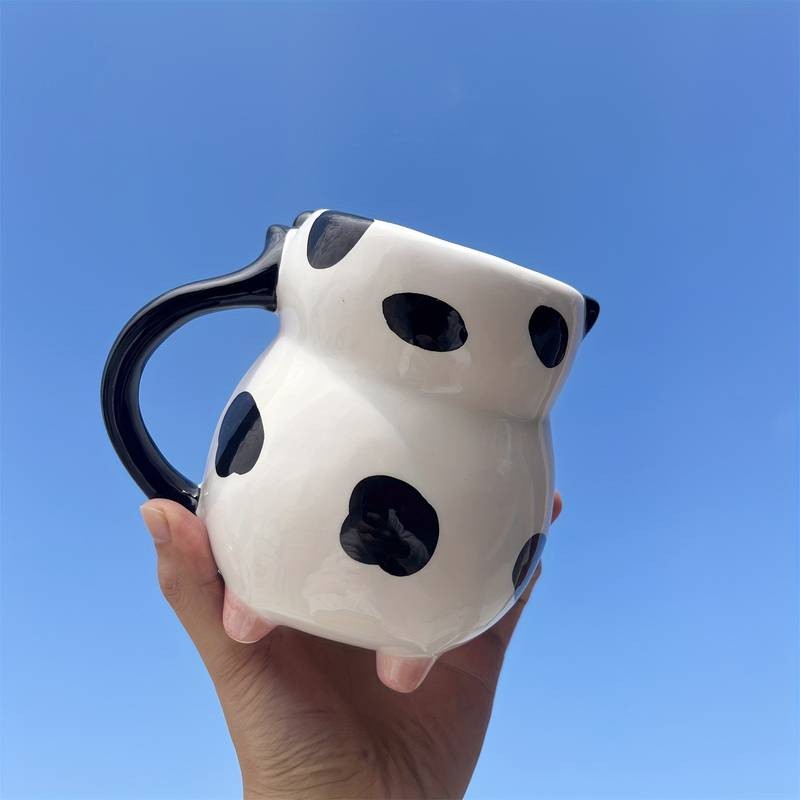 1pc Handmade Cow-Shaped Ceramic Mug with Black & White Cow & Pink Ears  A Fun and Functional Gift for Animal Lovers