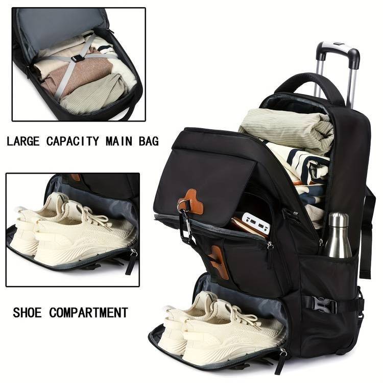 Travel Rolling Backpack  Durable Business Wheel Laptop Backpack with Shoe Compartment for Men and Women